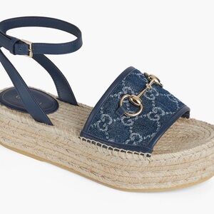 NIB Gucci Blue Denim Espadrille Sandals with Gold HorseBit size 10